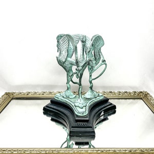Rare Antique Green Cast Bronze Sculpture 3 Cranes Sculpture