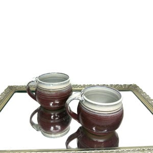 Beautiful Studio Art Pottery Mugs Pair of 2 Drip Glaze Artist Signed Red Cream