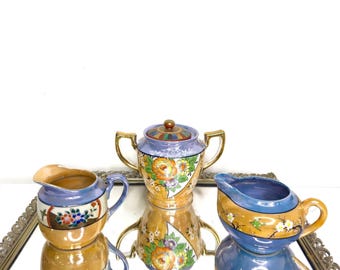 Lusterware keukenset suikerpot geschilderd etnisch Aziatisch Japans iriserend parelwit Twebco Japan Dishes