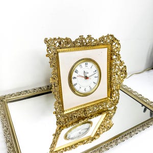 French Provincial Vanity GLOBE Electric Mantel Clock Ormolu, very ornate! Working! Vintage! Hollywood Regency