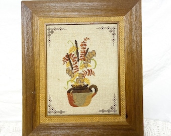 Vintage 1970s Embroidery Golden Wheat and Cattail Design Framed Wall Art | Vintage Embroidery Wall