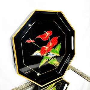 Vintage Toyo Black Calla Lily Serving Tray Lacquer Octagonal Gold Trim Japan