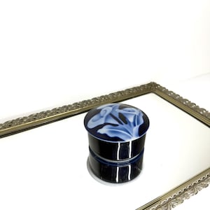 Takahashi Porcelain Blue In-Glaze Calla Lily Trinket Dish / Lidded Powder Dish