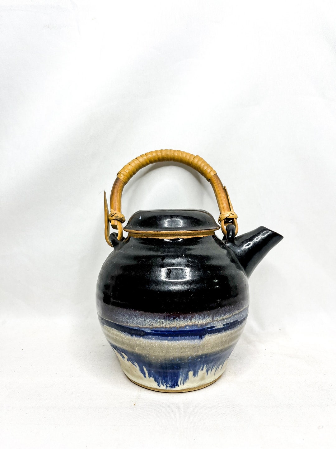 Signed Vintage Teapot Wicker Handle Handmade Clay With Blue Glaze Etsy
