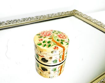 Small Round Floral Hand Painted Paper Mache Trinket Box