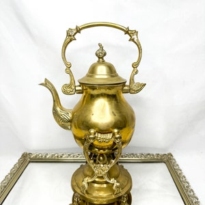 Antique Brass Teapot With Stand, Brass Engraved Teapot With Warming Stand