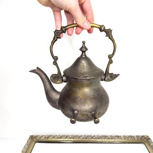 Vintage Solid Brass Coffee / Tea / Water Kettle Thick Teapot with Four Legs to rest on Stove Warmer Decorative Ornate Brass Pot Handle Gold