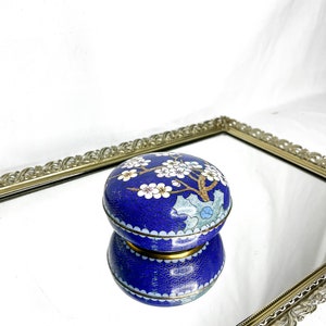 Vintage Cobalt Blue Floral Bronze Cloisonne Powder Box with Prunus - China - Mid-20th C