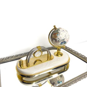 Vintage Semi-Precious Gemstone Globe with Clock Business Card & Pen Holder, Desk Decor, Fathers Day Gift