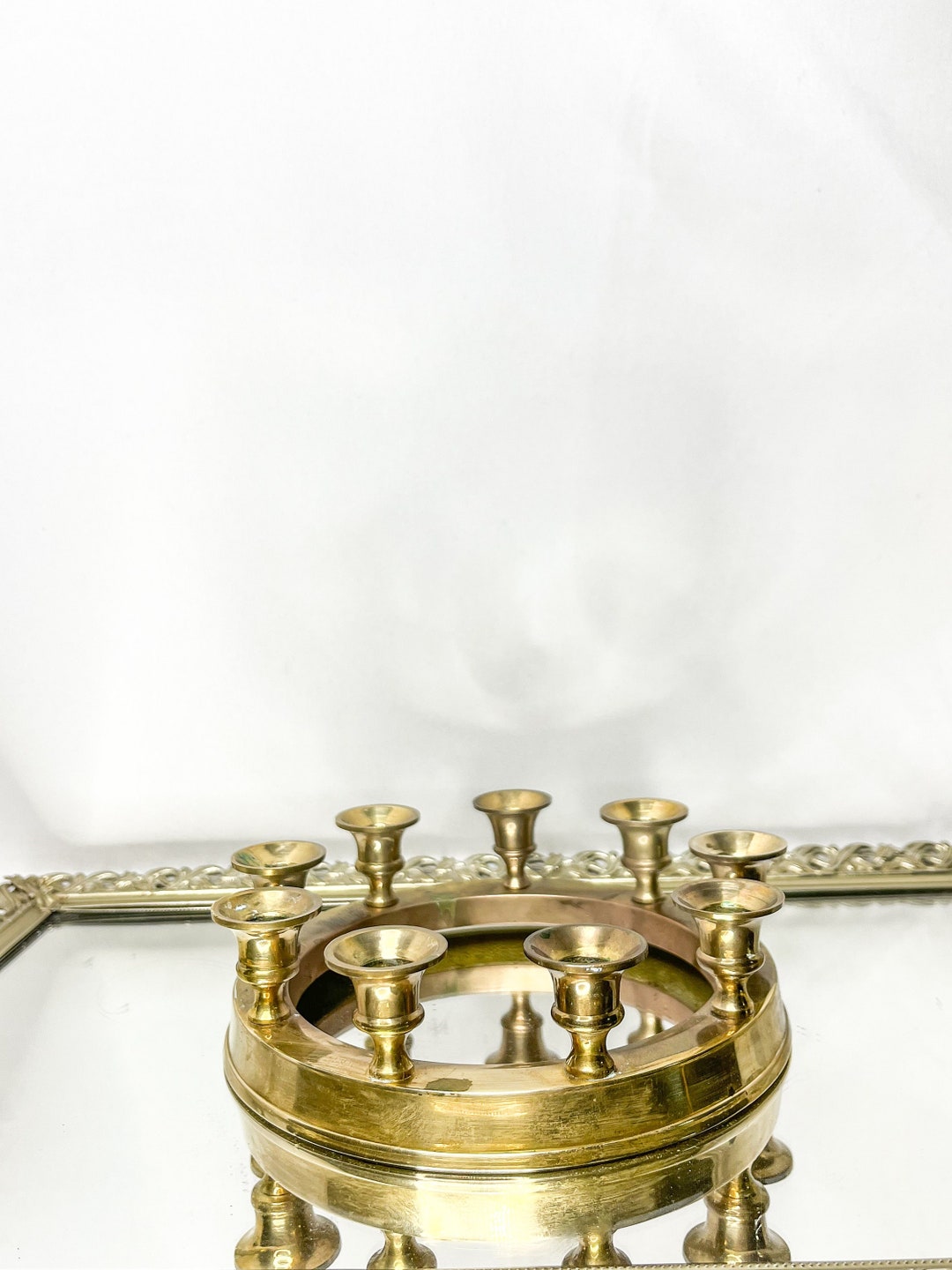 Vintage Brass Ring Candle Holder, Nine Candle Candelabra, Mid Century
