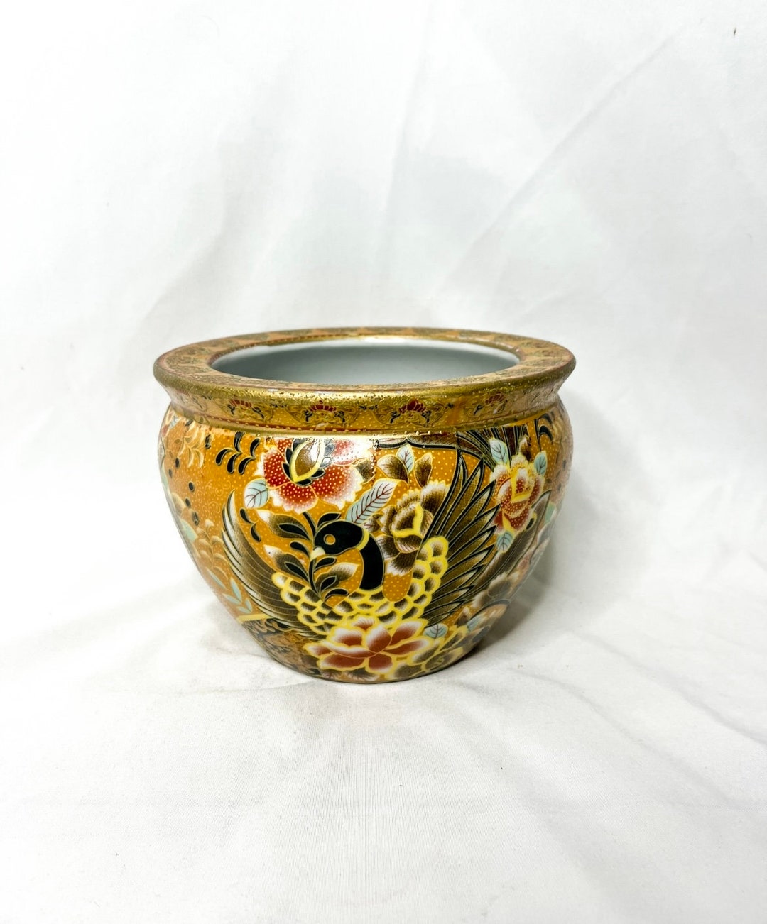 Chinese Vintage Ceramic Fish Bowl Satsuma Style Handpainted Planter