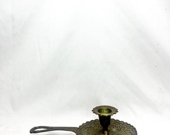 Unique Vintage Egyptian Pan Chamberstick in Solid Brass with Decorative Engravings || Retro Night Candle...