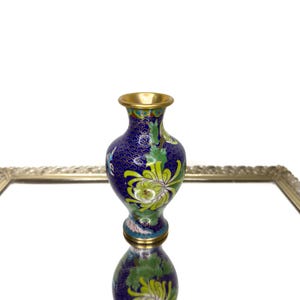 Vintage Cloisonné Vase 6&quot; Floral Oriental Jar~Blue Enamel Pink Florals