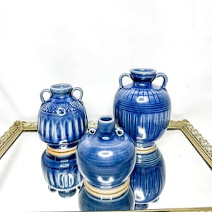 Set of Three Signed Studio Pottery Vases Celadon Ceramic Blue Vases Sawankhalok Sky
