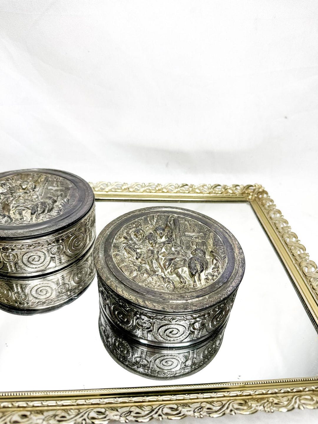 Set of Two Antique Victorian Pewter Powder Jar Vanity Dresser Box PNCW ...