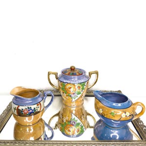 Lusterware Kitchen Set Sugar Creamer Painted Ethnic Asian Japanese Iridescent Pearly Twebco Japan Dishes