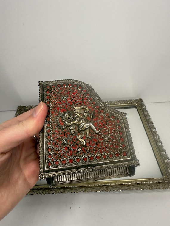Vintage Sankyo Japan Silver Plated Cherub Grand Piano Trinket