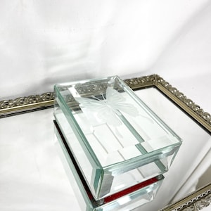 Vintage Mirrored Cut Glass Lidded Jewelry Box with Frosted Butterfly Design
