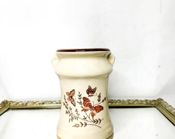 Cruche de lait en céramique émaillée vintage des années 1970 avec papillons, chalet de campagne, décor primitif, décor de ferme, bohème, rétro