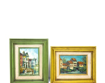 Set of Two Signed Grappo Original Oil Paitings, European Landscape and Cityscape, Framed