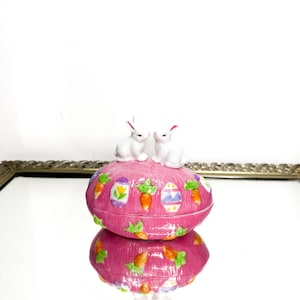 Vintage Trinket Box Pink Easter Egg Shaped Bunny Rabbits Top 4&quot; Tall Ceramic