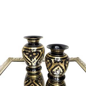 Stunning Rare Set of Two Vintage Persian Hand-Crafted Decorative Gold and Black Brass Vases with Floral Motif