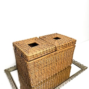 May include: A rectangular woven wicker storage box featuring two separate hinged lids, each with a square opening in the center. The natural light brown material is intricately braided in a consistent pattern, creating a textured surface.