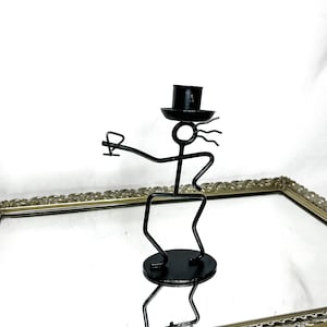 1970s Wrought Iron Sculptural Stick Figure Holding Martini Candle Holder MCM Barware Decor
