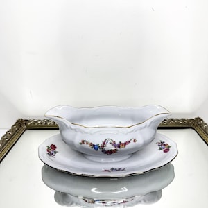 Vintage Rosenthal Continental Effenhelm Germany Viktoria Lombul Gold Trim Floral Spray Iris Gravy Boat Bowl Underplate Bone China Victorian