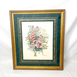 Vintage Gold and Green Framed Floral Needlepoint