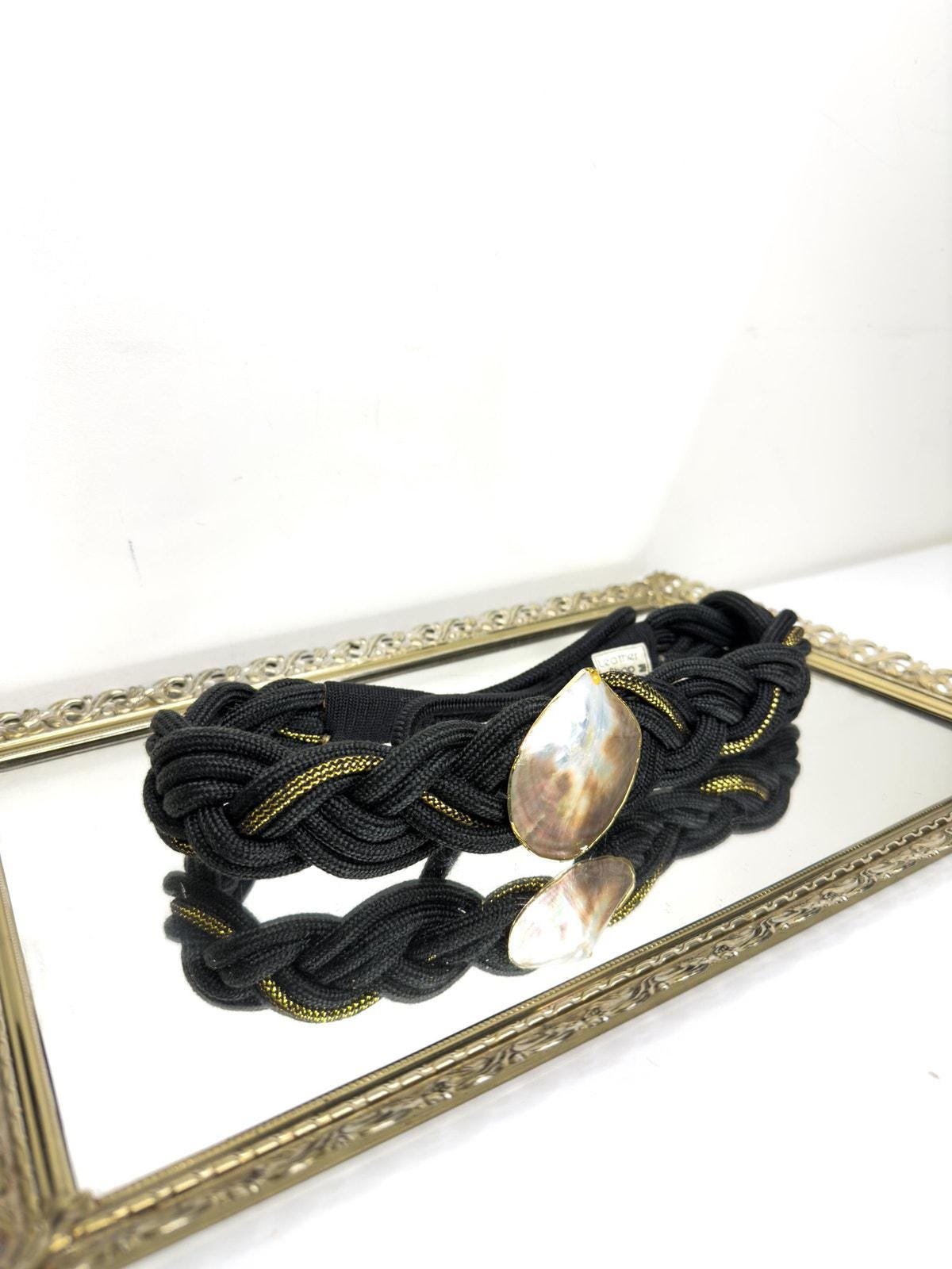 Black Gold Braided Rope Tie Belt Vintage Glam Statement Waist Belt 34.5” Vintage Unique Black and Gold Tone Braided Waistband, Nylon  main image 4