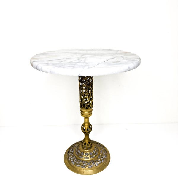 Vintage retikulierter Messing-Carrara-Marmor-Tisch | Blumenständer Beistelltisch