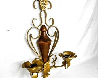Vintage Wall sconce wood metal candle holder gold wrought iron Hollywood regal