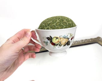 Vintage Royal Doulton Teacup Pincushion, England China, Fruit Motif