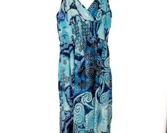 Pink Apple Vintage y2k Mixed Blue White Geo Print Maxi Sundress, Coastal beachy , whimsy Jersey Knit Wms S