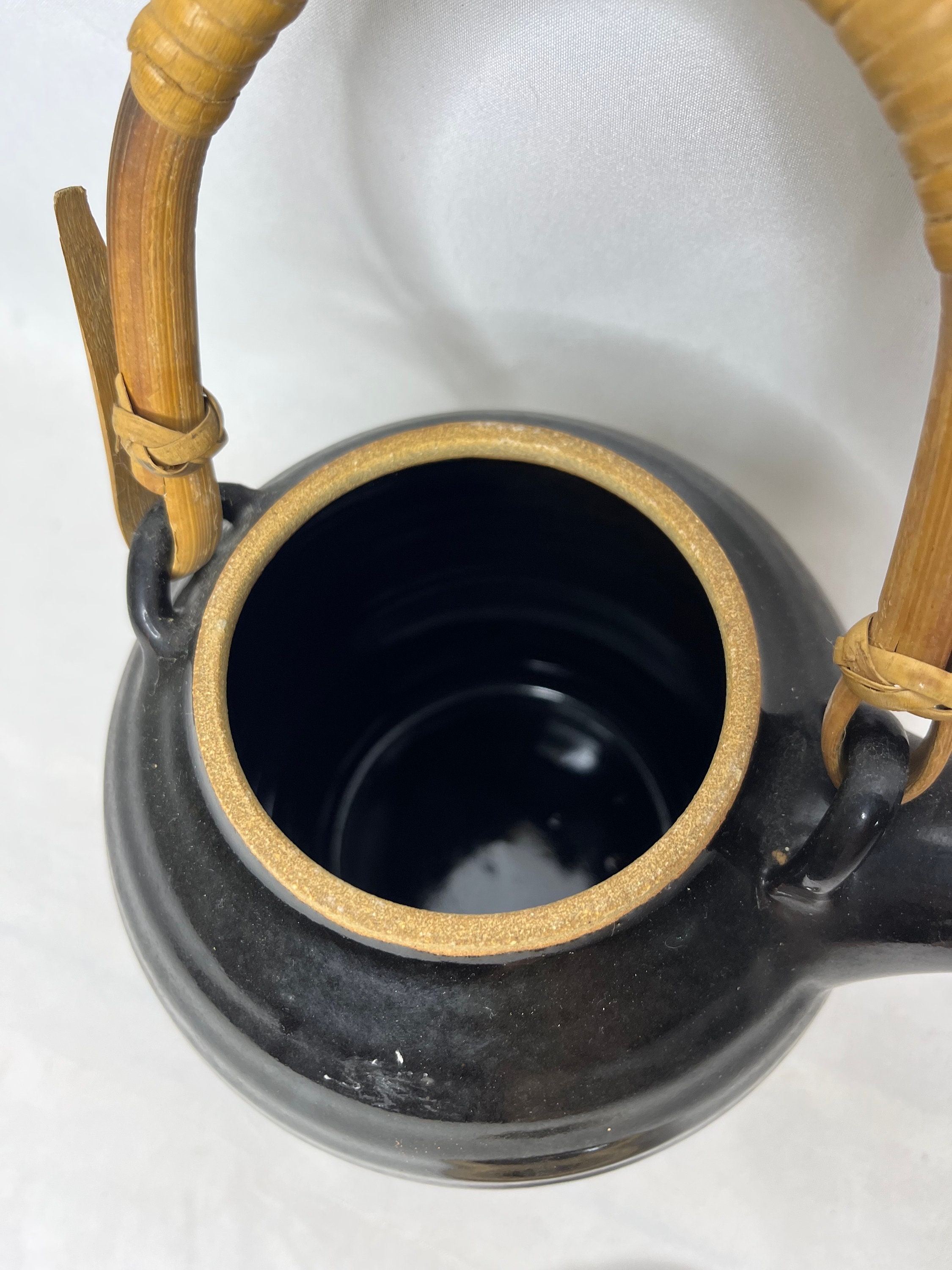 Signed Vintage Teapot Wicker Handle Handmade Clay With Blue Etsy