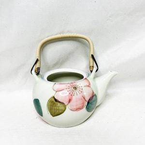 Vintage Japanese Teapot with Handpainted Water lilies in Pink and Green with Bamboo Handle