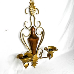 Vintage Wall sconce wood metal candle holder gold wrought iron Hollywood regal