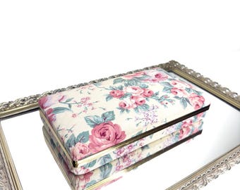 Vintage Retro Floral Fabric Rose Jewelry Box / Antique Jewelry Box