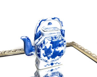 Vintage Hand Painted Blue & White Porcelain Decorative Teapot - Flat Body Asian Style - Collectible Home Decor, Unique Gift Idea