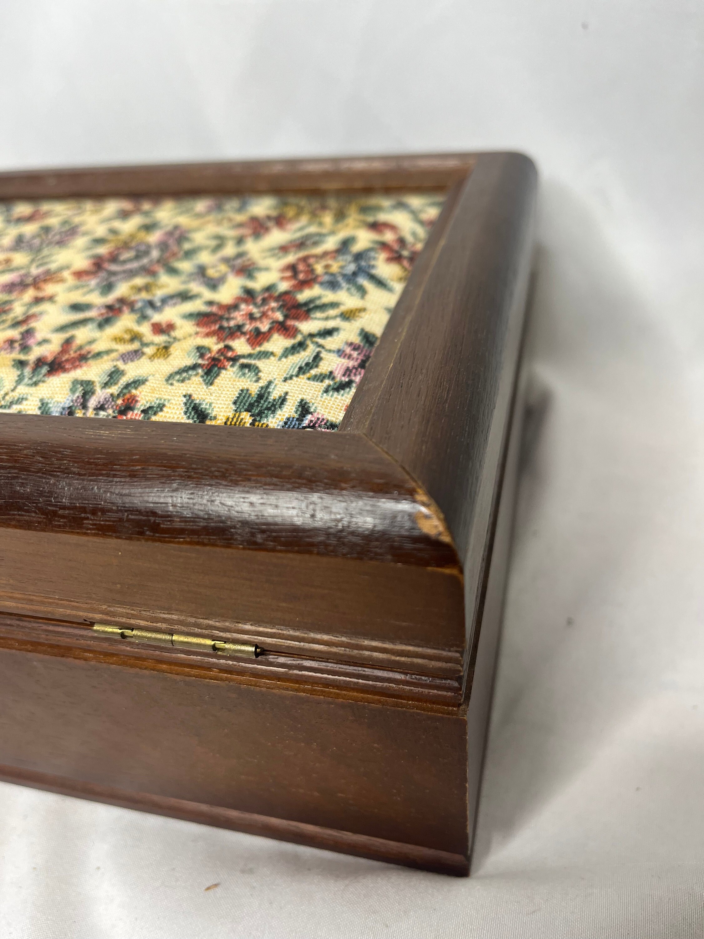 Vintage Wooden Jewelry Box Floral Tapestry Lid Japan W