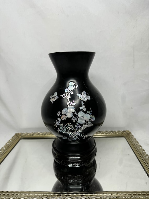【激レア!】Dora Maar Vase in Black ハンドメイド彫刻 壺 Mother of Pearl Floral Inlay Vintage Korean Brass and Black
