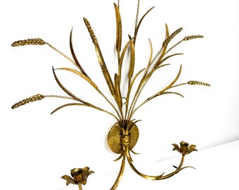 Large Vintage Italian Gilt Tole Sheaf of Wheat Wall Double Sconce, France 1970, Hollywood Regency,
