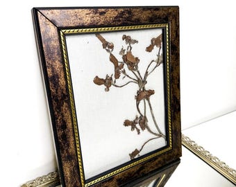 Vintage Gerahmte Trockenblumen Kunst, Imitat Wurzelholz & Goldrahmen