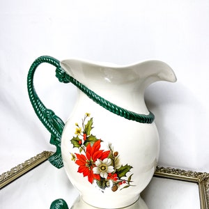Stunning Vintage Christmas Poinsettia Ceramic water pitcher with rope tassel handle
