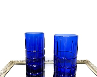 Anchor Hocking 6" Tall Cobalt Blue Glass Tumblers In Manchester/Tartan Pattern Heavy, Solid
