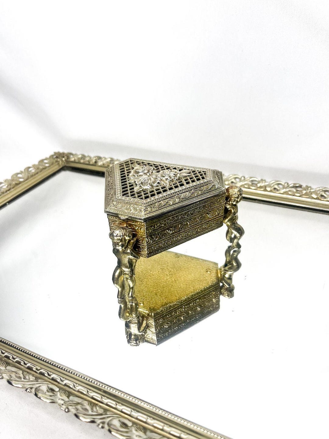 Triangular Jewelry Box Vintage Stylebuilt Accessories Hollywood Regency Filigree Design Cherub ...