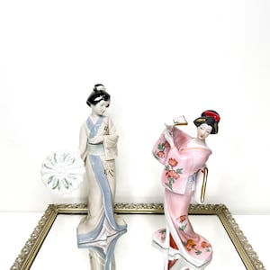 Set of two Antique Porcelain Sculpture &quot;Geisha with Umbrella&quot; Italy 1960 Handmade, Rare Collectible, Vintage Statue, Asian Figurines Gift