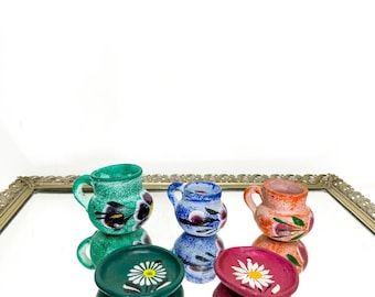 Set of Minature Mexican Pottery Mugs and Plates with Floral Design