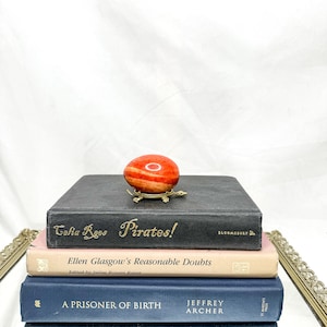 Rare Vintage Alabaster Egg Rust Brown Orange Hand Carved Marble On Gold Metal Turtle Stand